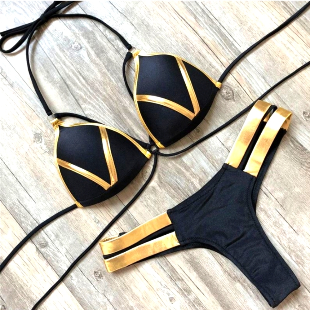 Brand New Badded Black Bandeau Two Piece Bikini